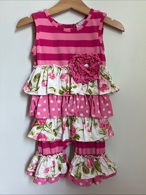 Serendipity | Pink Striped Ruffle Floral Romper Size 9 Months